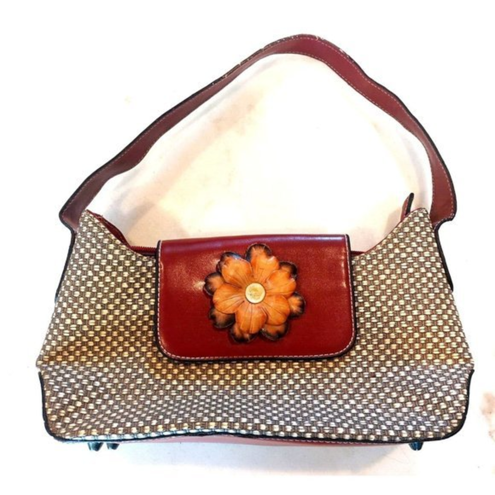 Womens Purse Woven Look Bag Shoulder Handbag Flower‎ Dressy Red Tan 12"x7"x4"